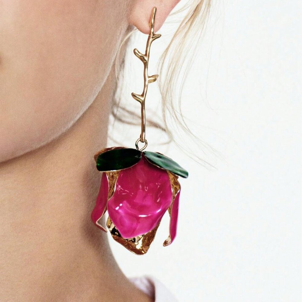Springtime Women's Exaggerated Enamel Alloy Metal pink rose Dangle Earrings